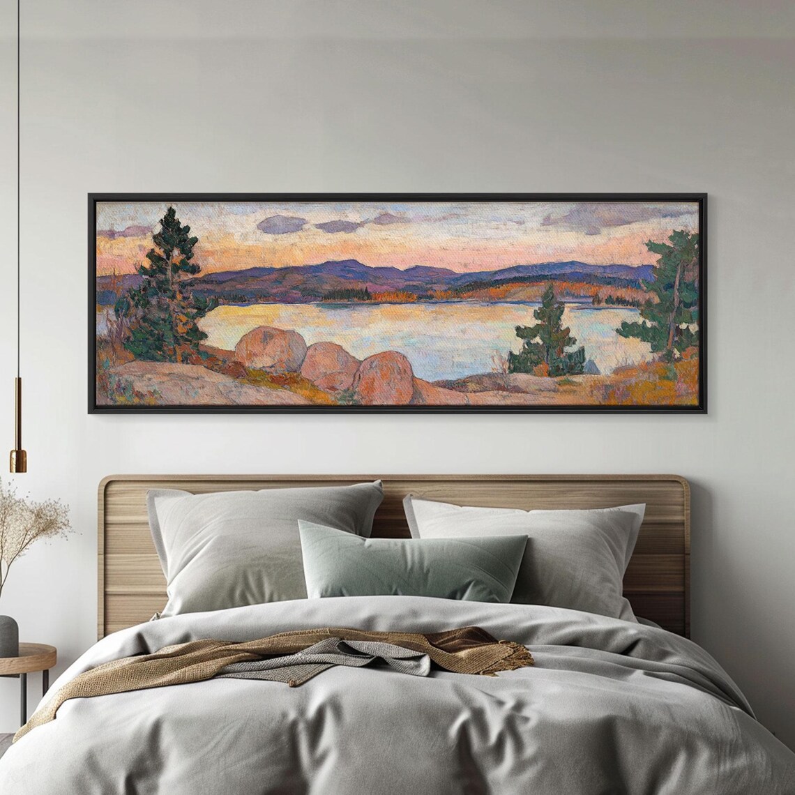 Moody Lake Sunset Golden Sky Rocky Shore Pines Oil Painting Poster - Image 4