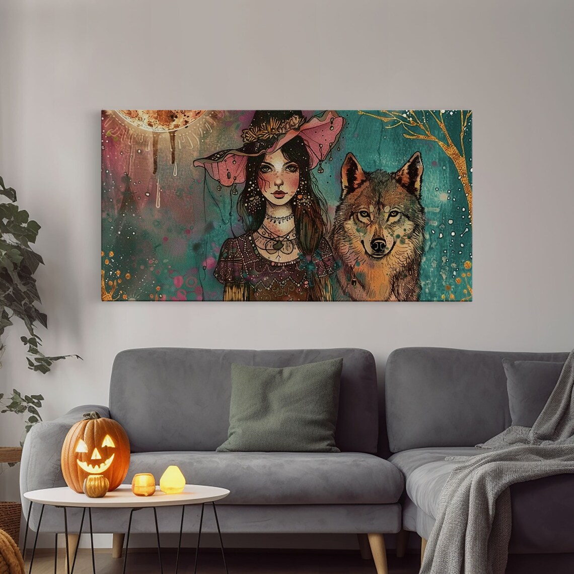 Witch And Wolf Familiar Portrait Gold Moon Dark Academia Halloween Wall Art - Image 4