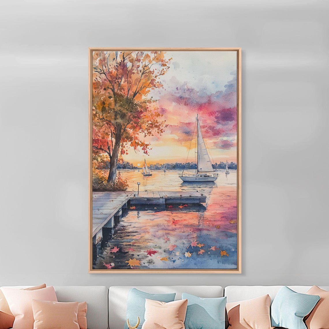Sailboats At Sunset On Calm Water With Autumn Trees And Dock Poster - Image 3