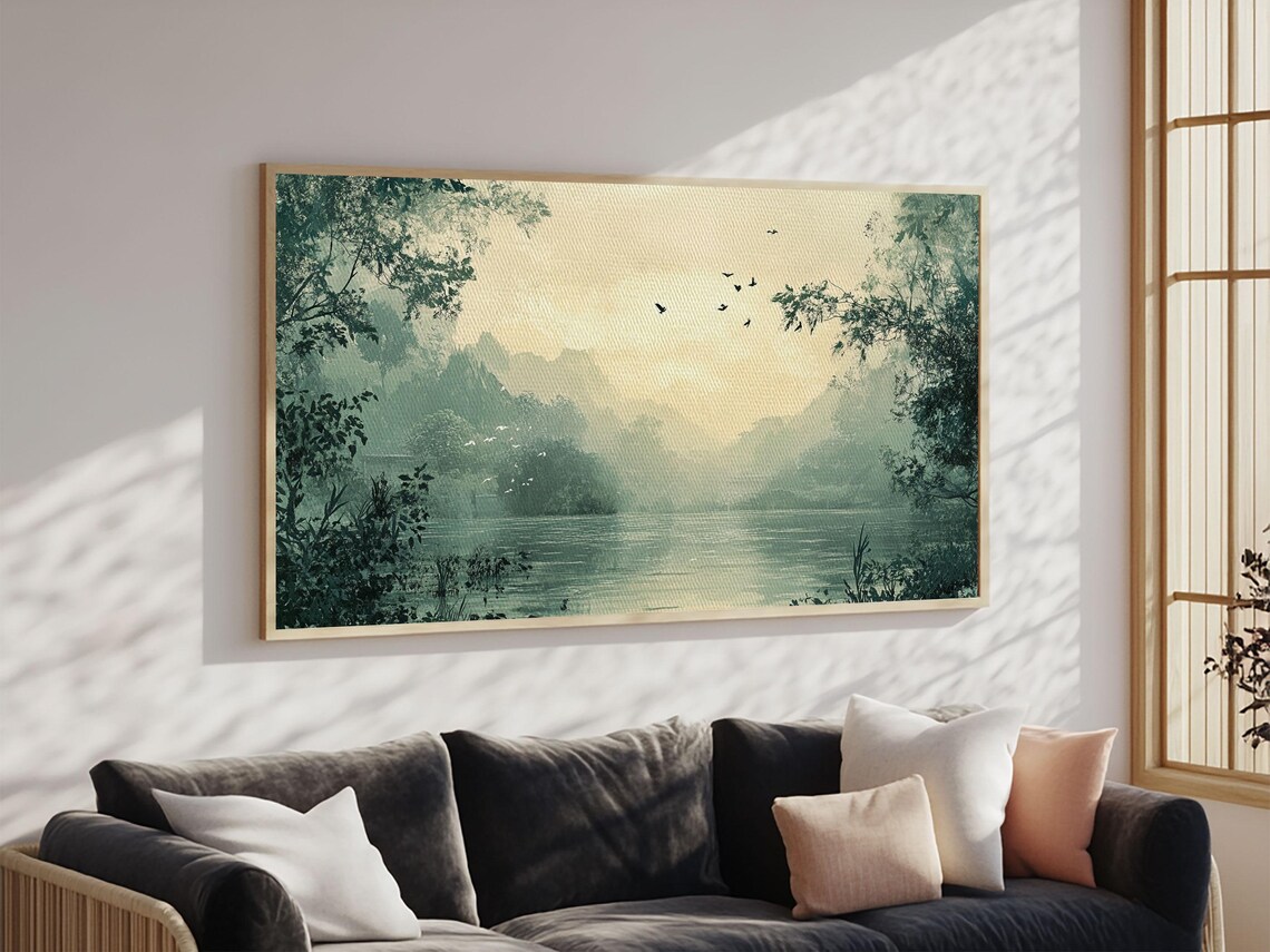 Serene Misty Lake Dawn Birds Calm Water Vintage Landscape Poster - Image 5