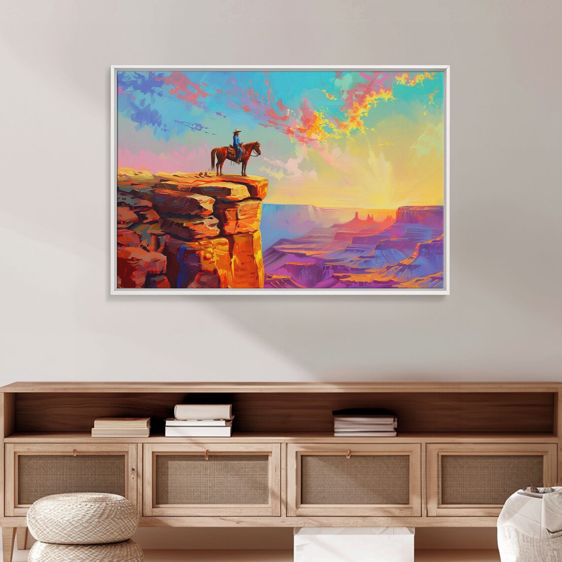 Cowboy Horseback Desert Canyon Sunrise Vibrant Color Art Poster - Image 4