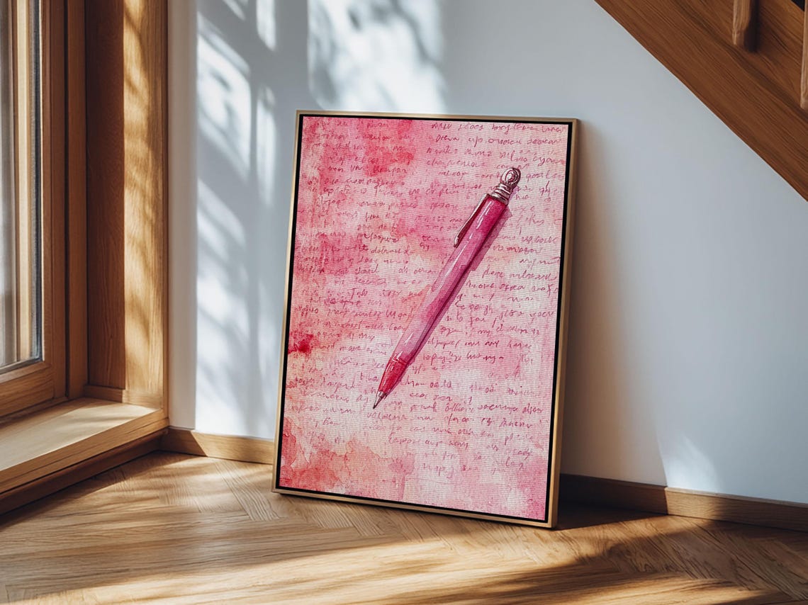 Red Fountain Pen on Pink Love Letter Watercolor Art Print Study Poster - Image 6