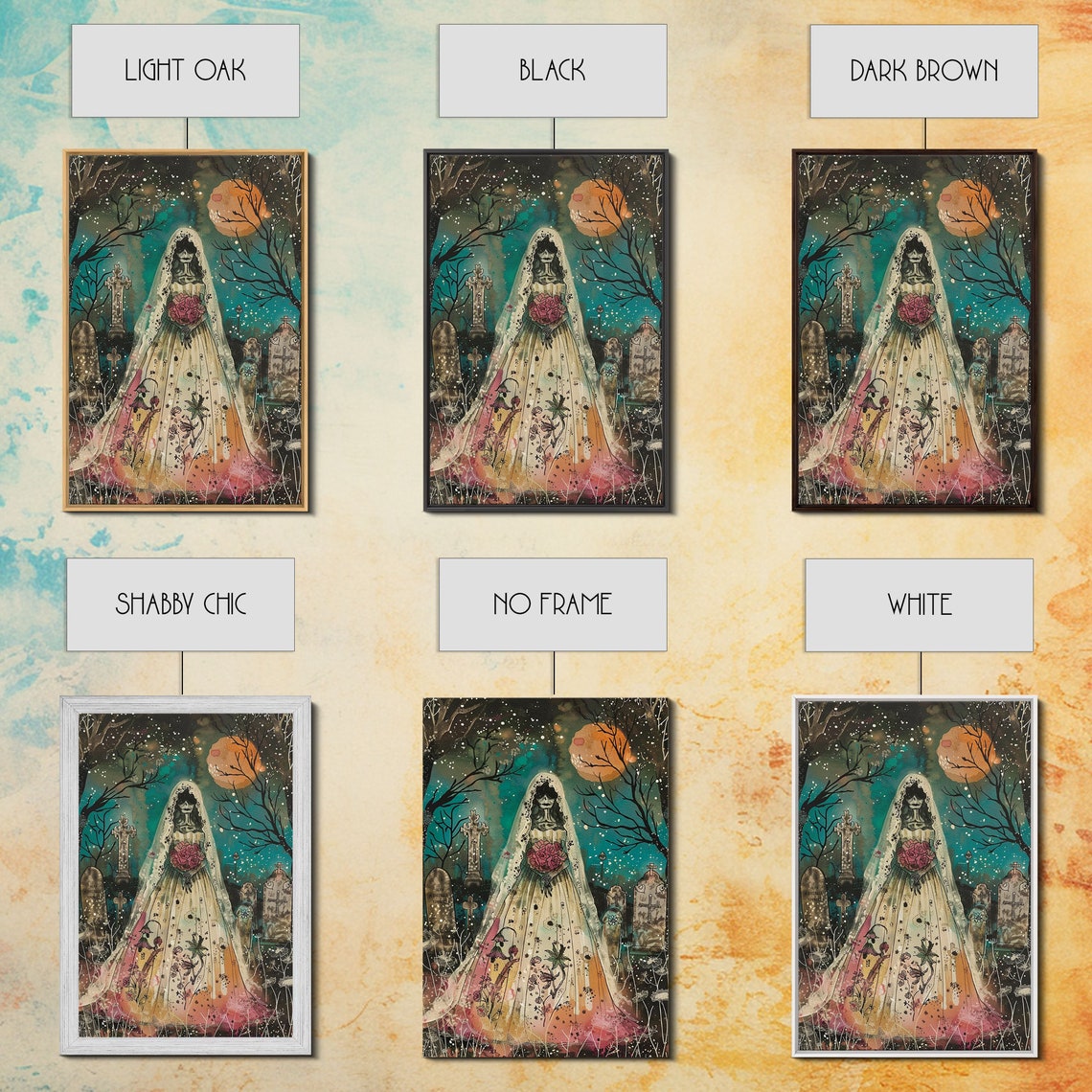 Skeleton Bride Graveyard Moonlit Cemetery Roses Watercolor Art Poster - Image 2