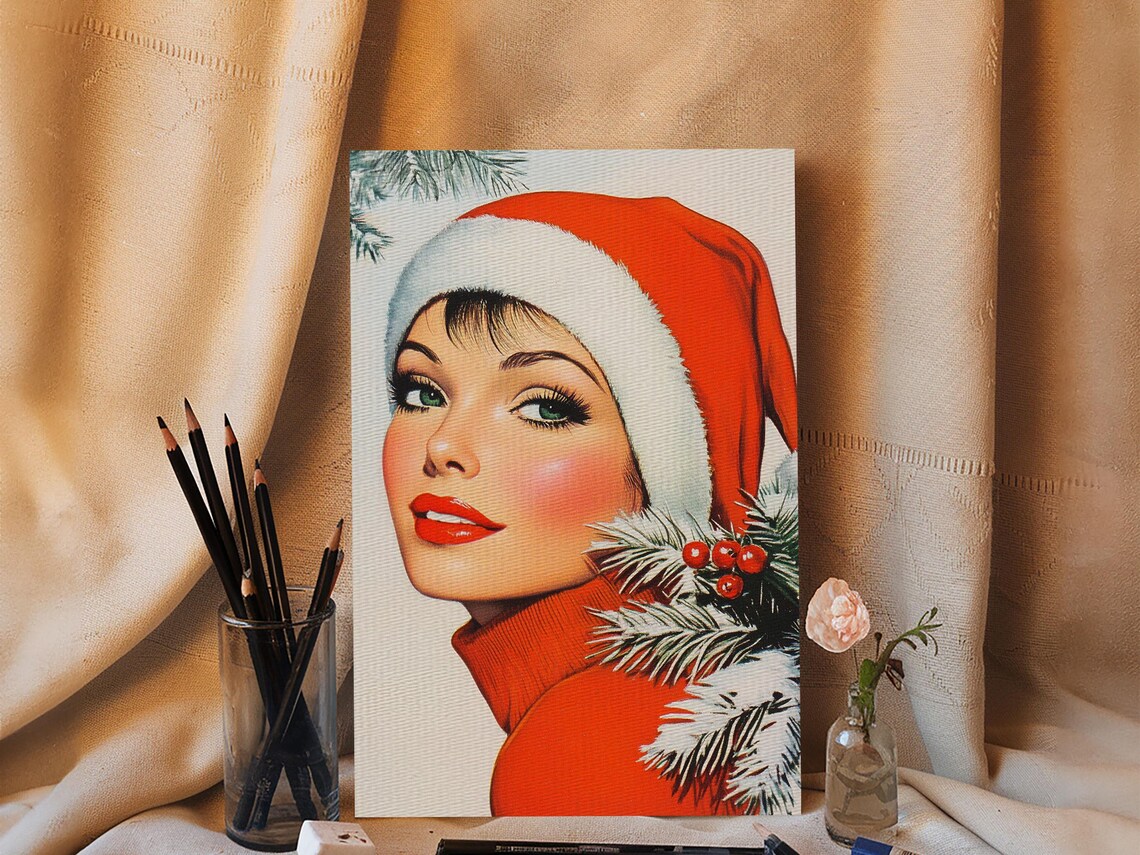 1950s Christmas Pin Up Woman In Santa Hat Retro Holiday Wall Art