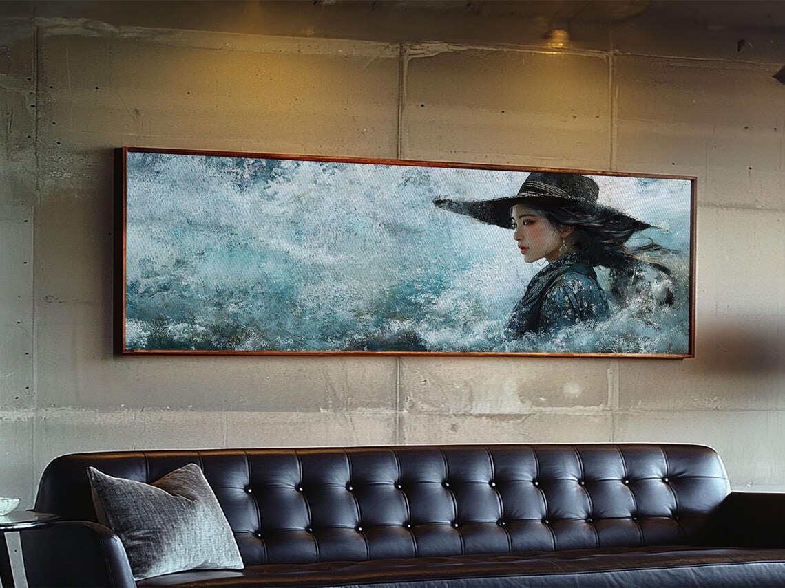 Ocean Woman Wide Brim Hat Waves Painting Coastal Blue Wall Poster
