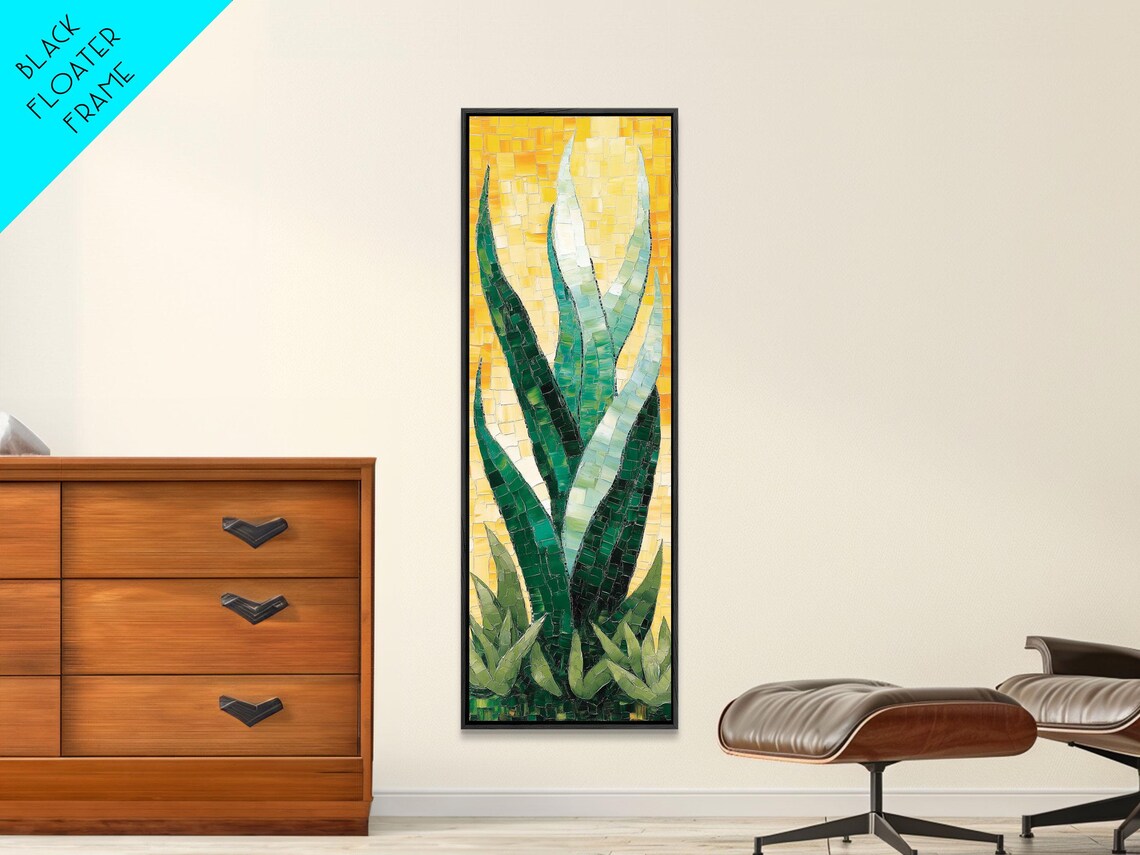 Mosaic Agave Plant Green Leaves On Golden Tile Vertical Art Poster - Image 2