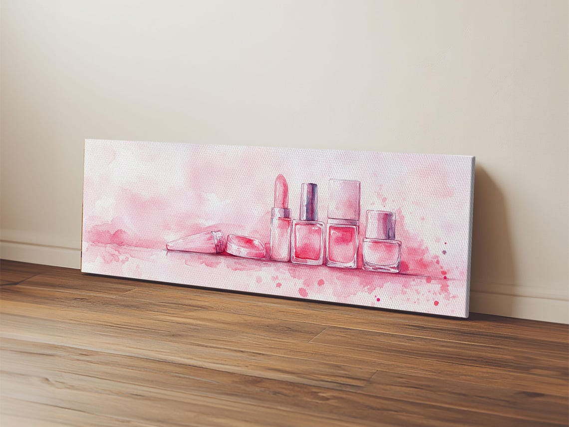Pink Watercolor Makeup Lipstick Nail Polish Vanity Wall Art Poster - Image 3