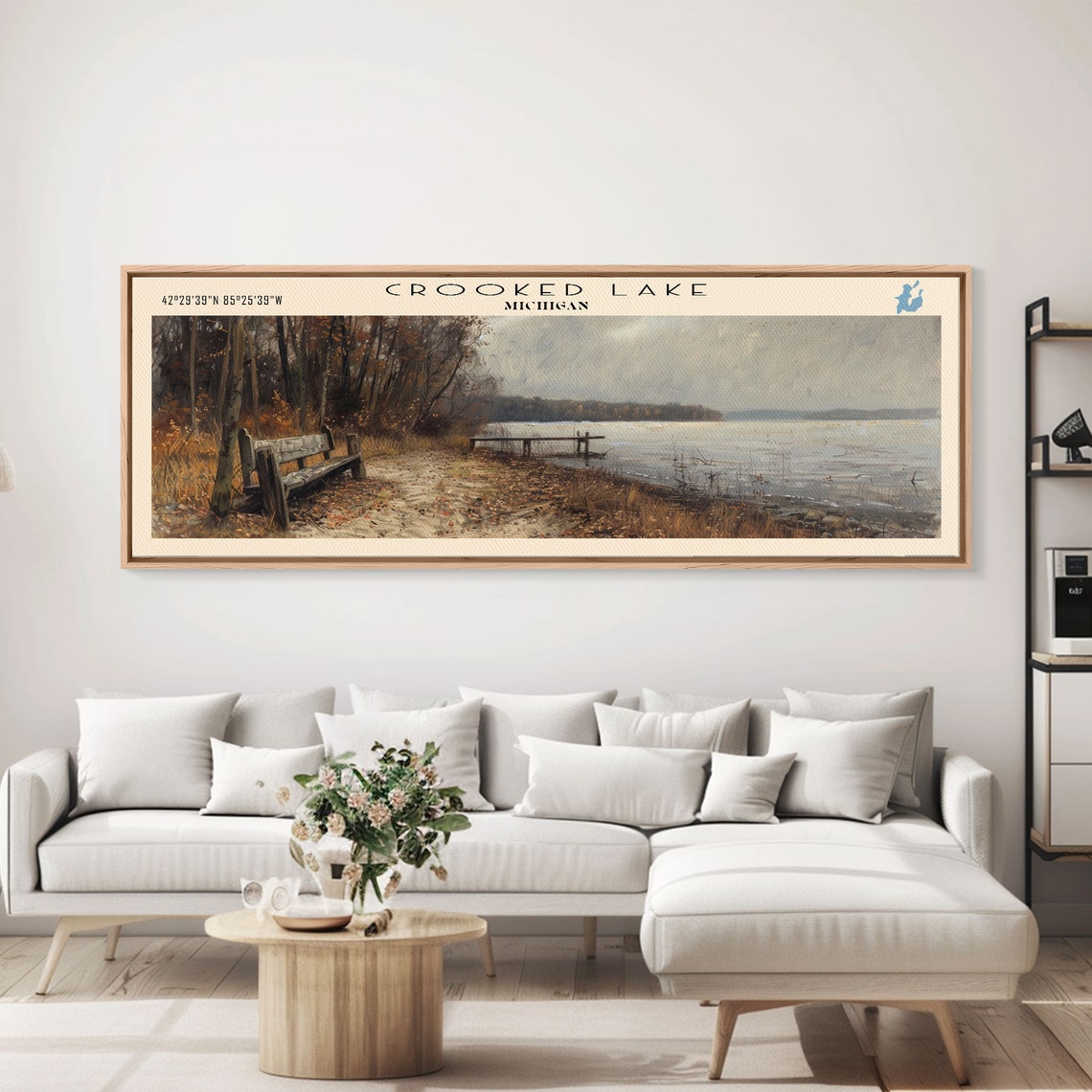 Crooked Lake Michigan Autumn Shore Bench Dock Gray Sky Travel Poster - Image 5