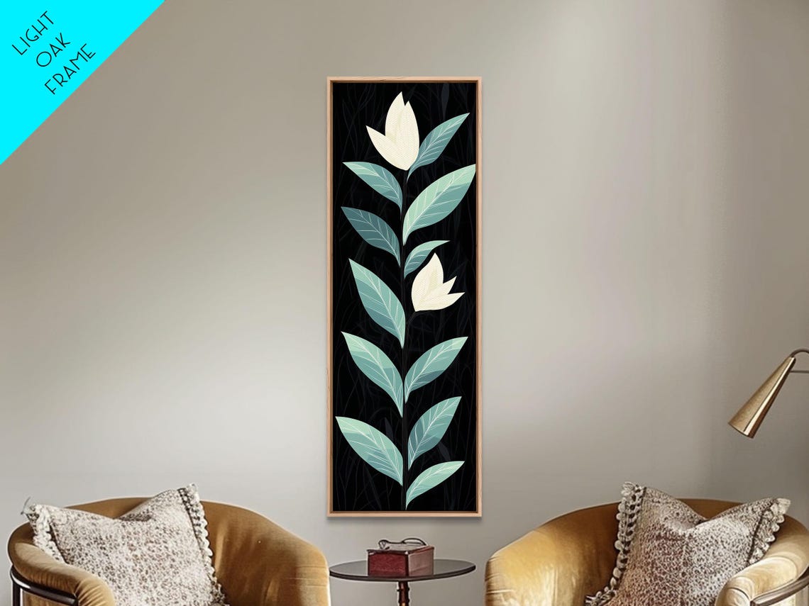 Mid Century Modern Botanical Cream Flowers On Black Art Poster - Image 5