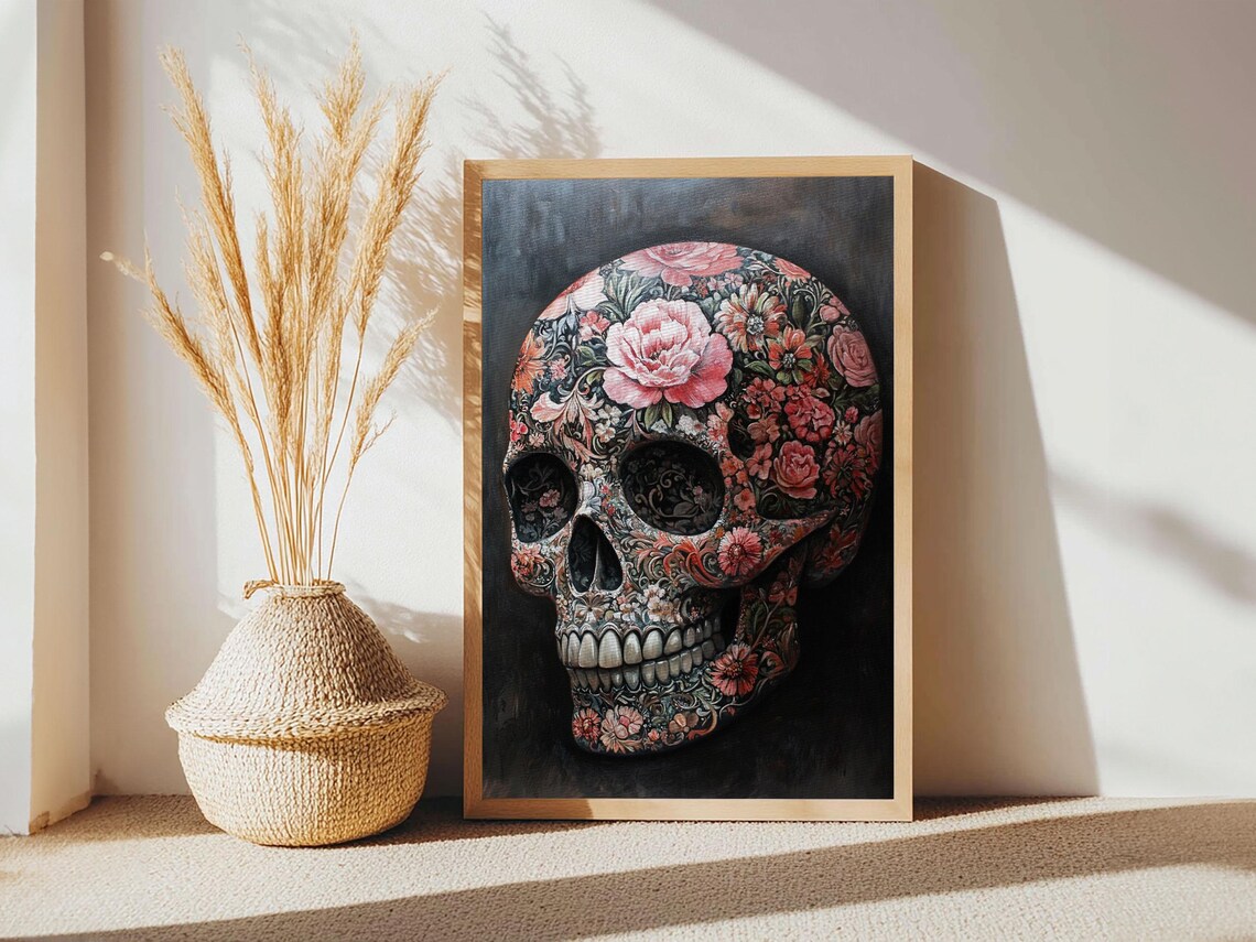 Floral Skull Pink Roses Gothic Boho Dark Botanical Skull Wall Art Poster - Image 3