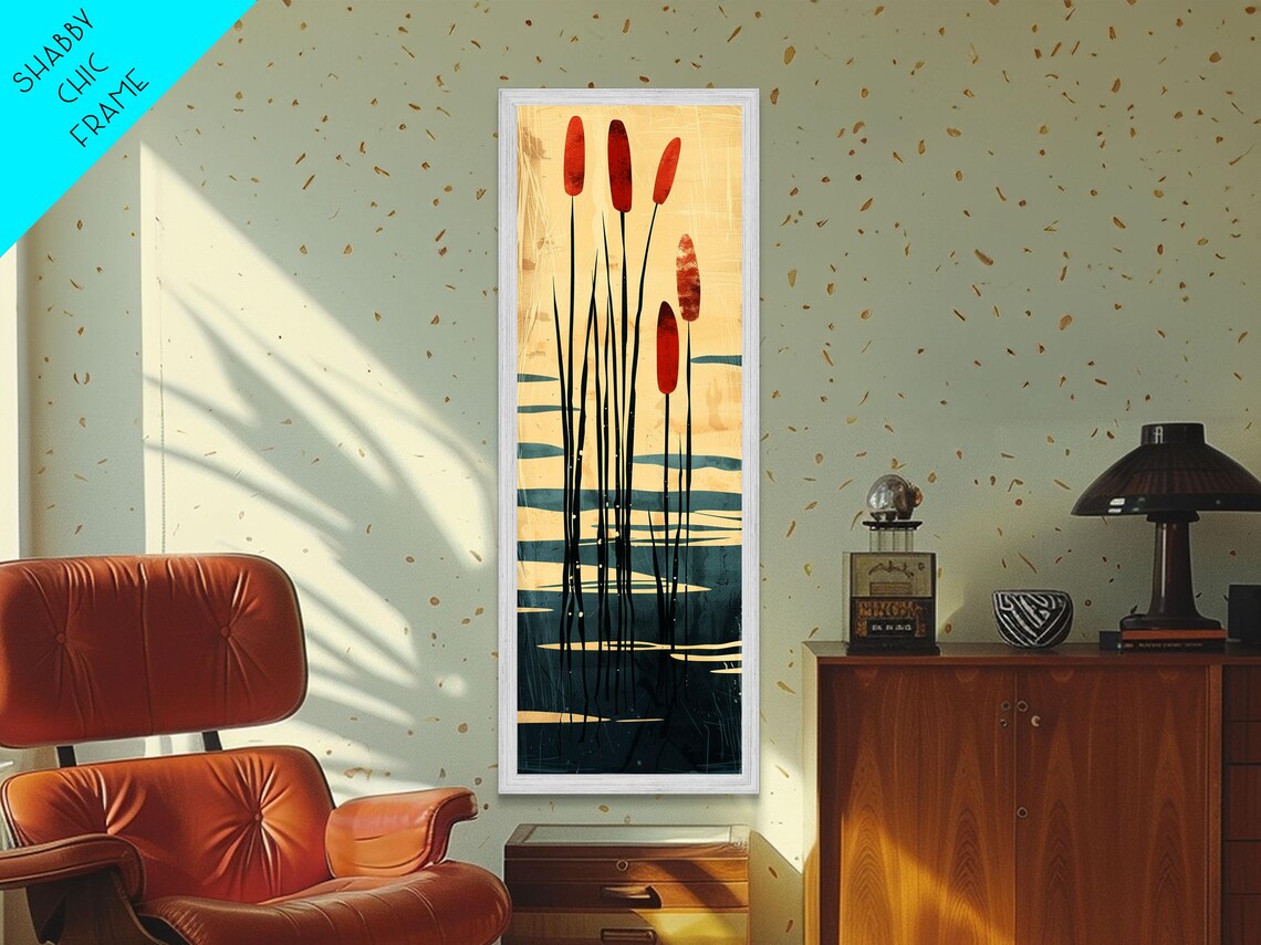 Minimalist Cattail Reeds Red Tops Abstract Tall Earthy Art Print - Image 4