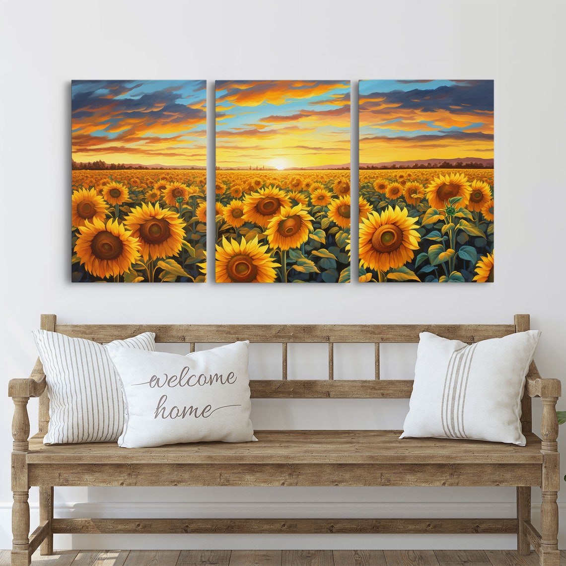 Sunflower Field Sunset Triptych Vibrant Golden Blooms Wall Art Poster