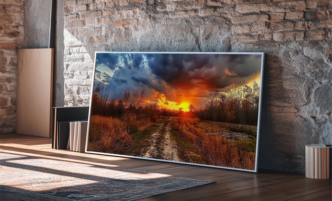 Dirt Road Through Fields At Stormy Sunset Rural Landscape Poster - Image 4