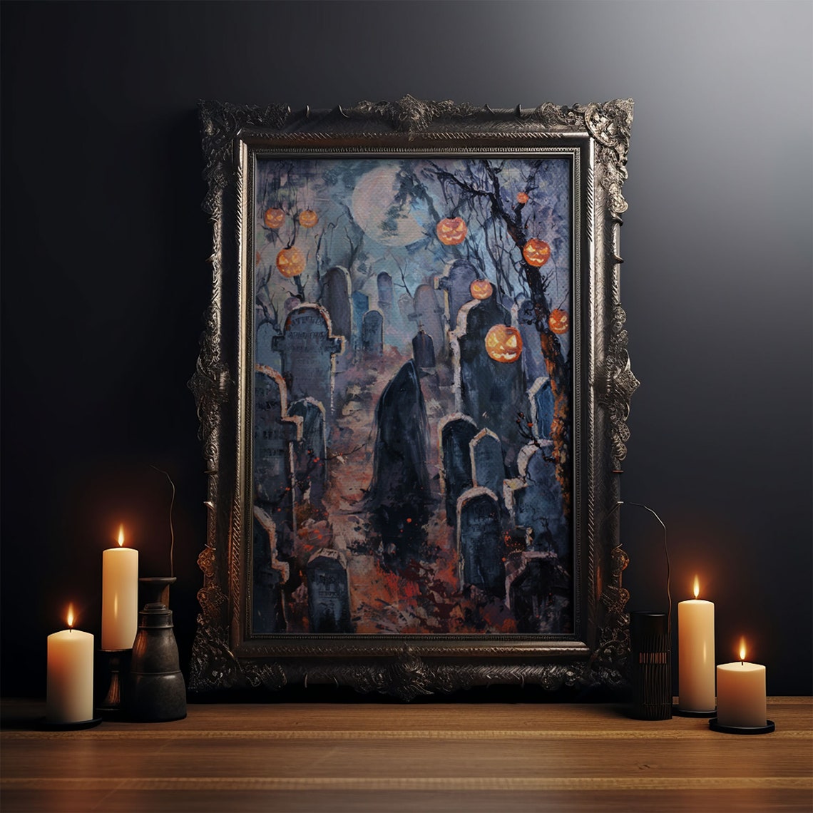 Jack O Lantern Graveyard Spooky Pumpkins Full Moon Art Poster - Image 4