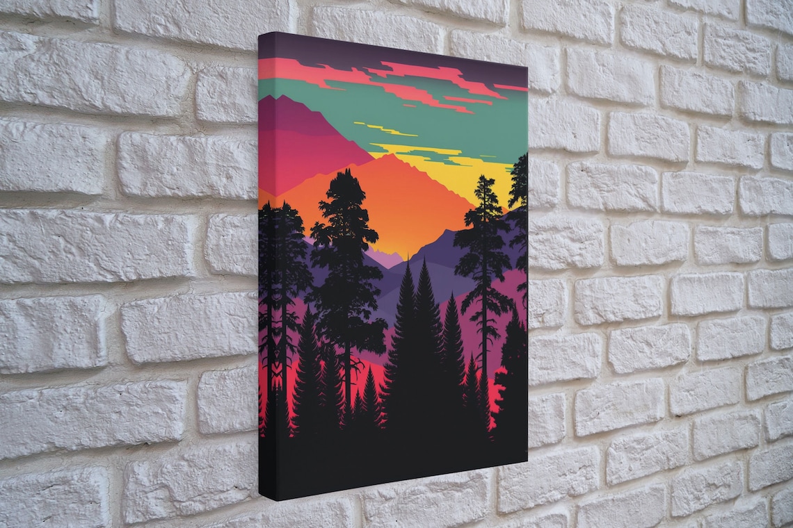 Vibrant Pop Art Mountains Sunset Pine Silhouettes Layered Peaks Poster - Image 4