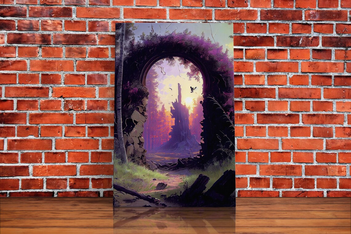 Purple Fantasy Portal Forest Archway Glowing Castle Sunset Poster - Image 2