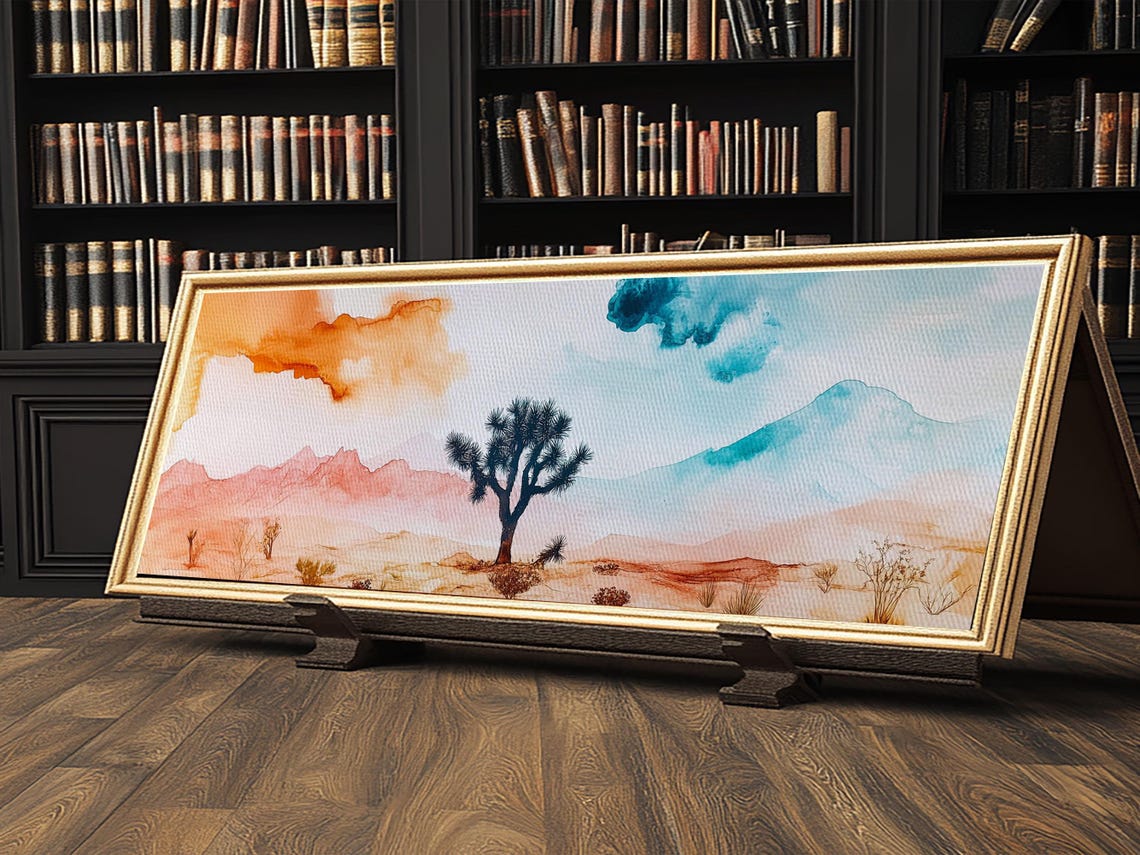 Joshua Tree Desert Watercolor Pink Mountains Panoramic Painting Poster - Image 5