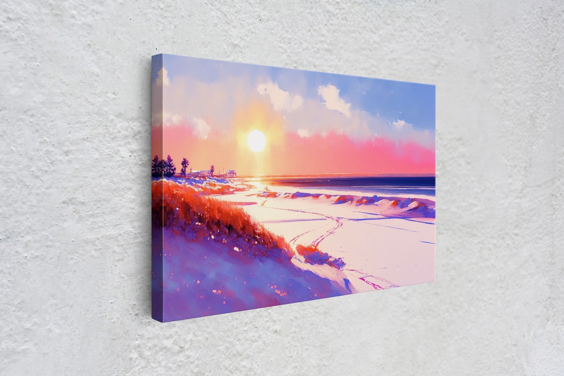 Winter Beach Sunset Purple Snow Dunes Pink Ocean Waves Art Poster - Image 4