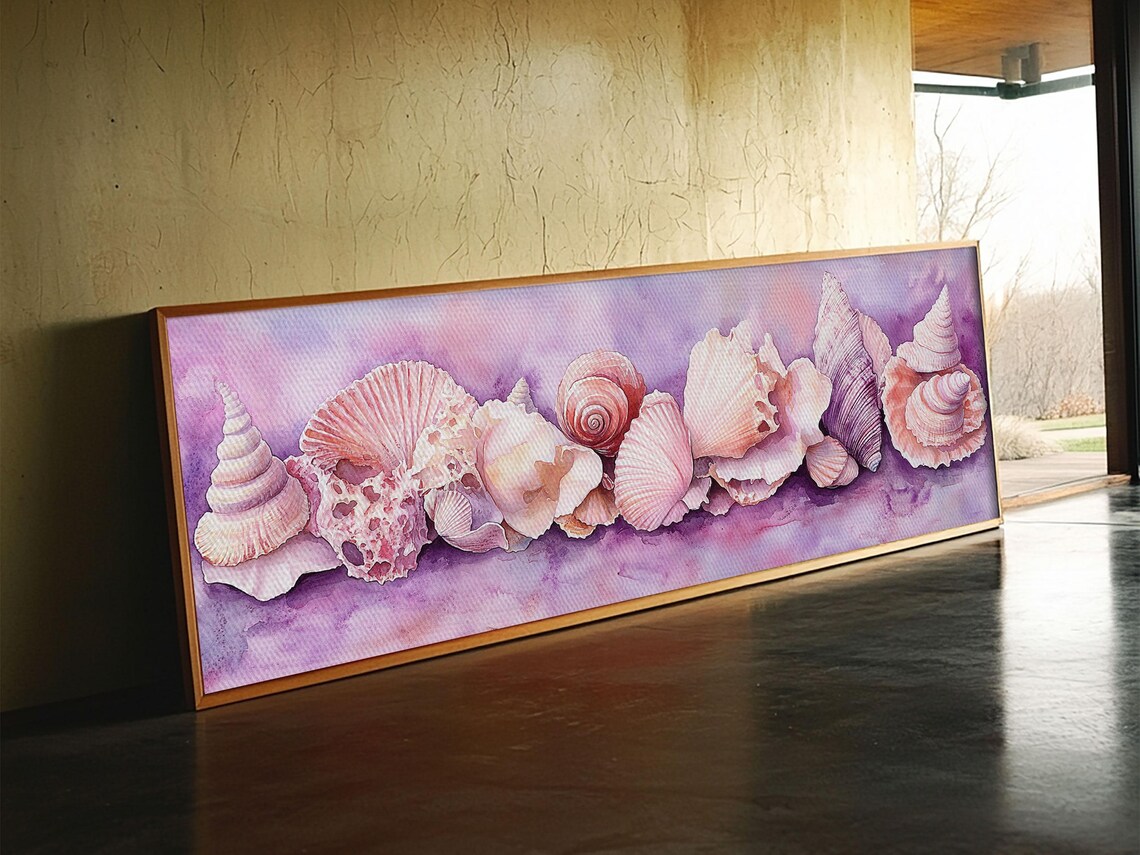 Pink Seashells Watercolor Coastal Horizontal Beach House Wall Art Poster