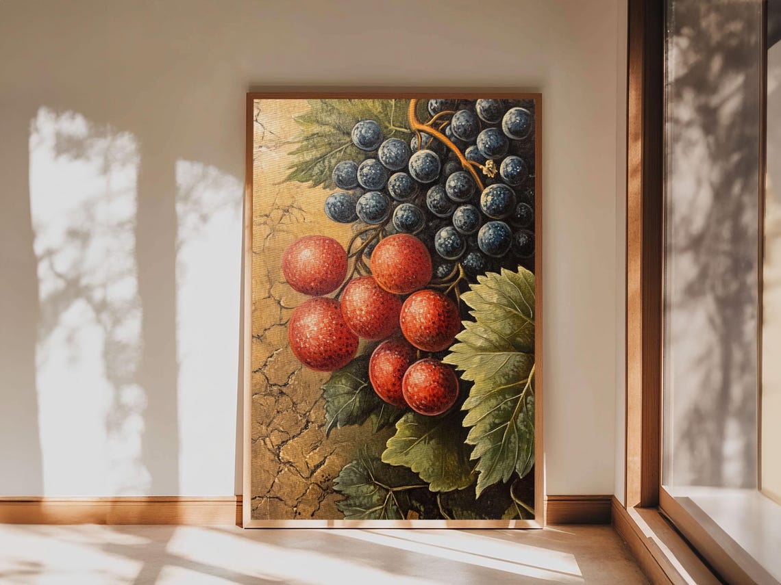 Antique Red And Blue Grape Vine Fruit Still Life Oil Painting Poster - Image 2
