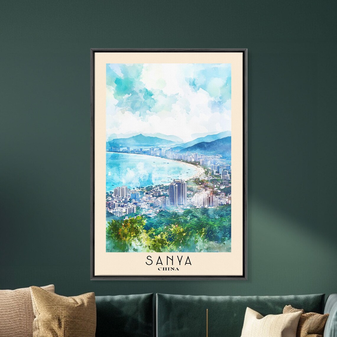 Sanya China Aerial Bay View Crescent Beach City Mountains Watercolor Poster - Image 5