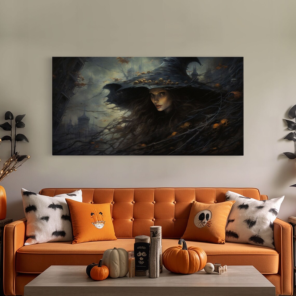 Dark Witch Portrait With Twisted Branches And Haunted Castle Print - Image 5