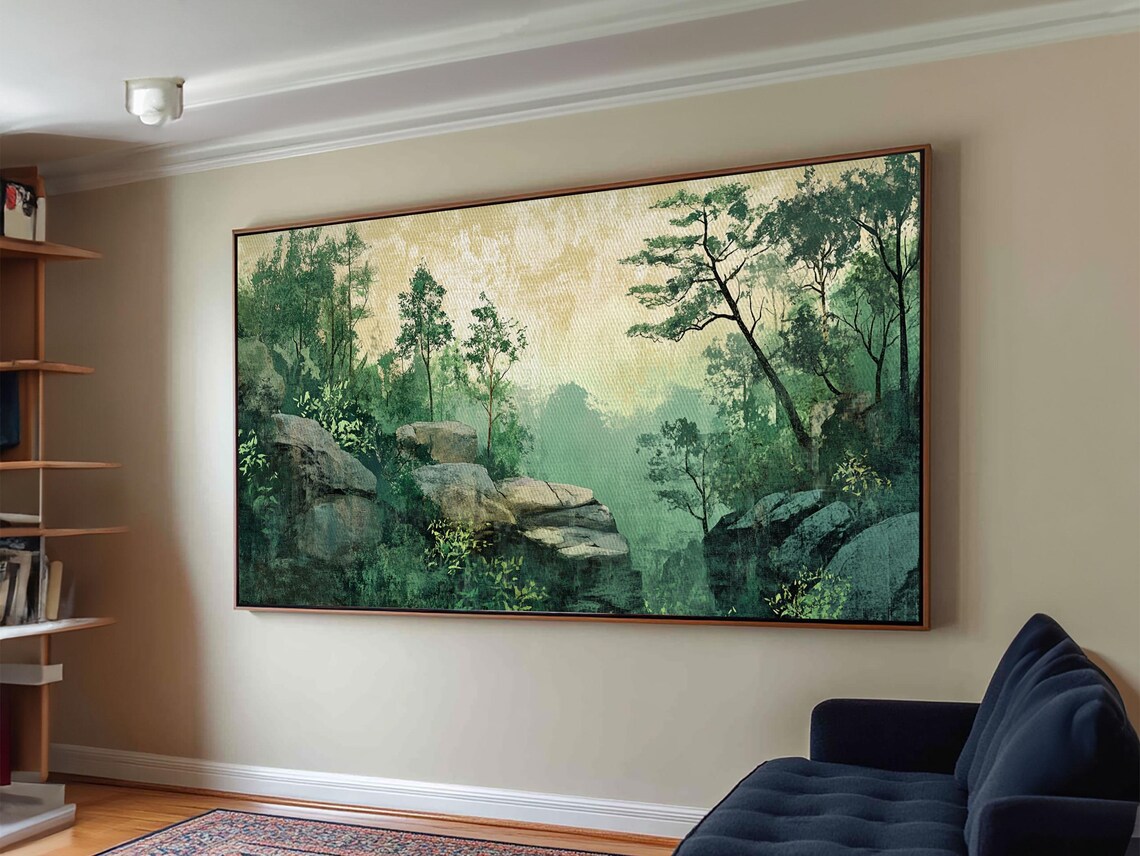 Misty Green Forest Rocks Serene Woodland Vintage Landscape Poster - Image 6