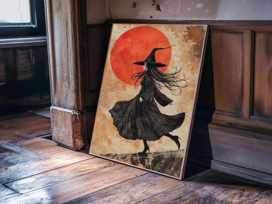 Vintage Witch In Black Dress Under Red Moon Halloween Art Print - Image 3