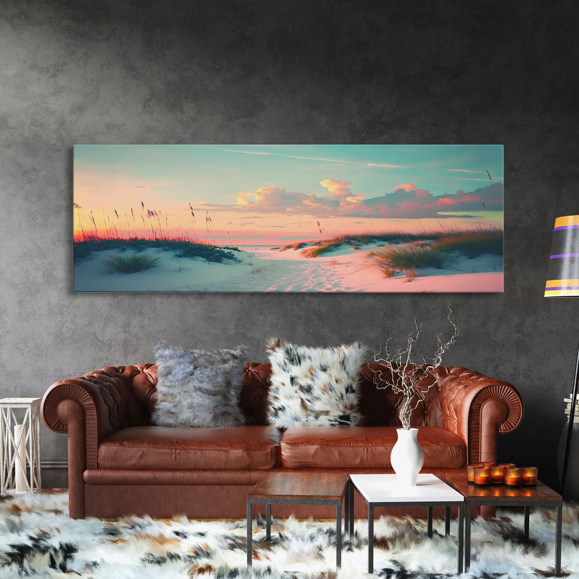 Panoramic Beach Dunes Sunset Sea Grass Pastel Teal Sky Wall Poster - Image 3