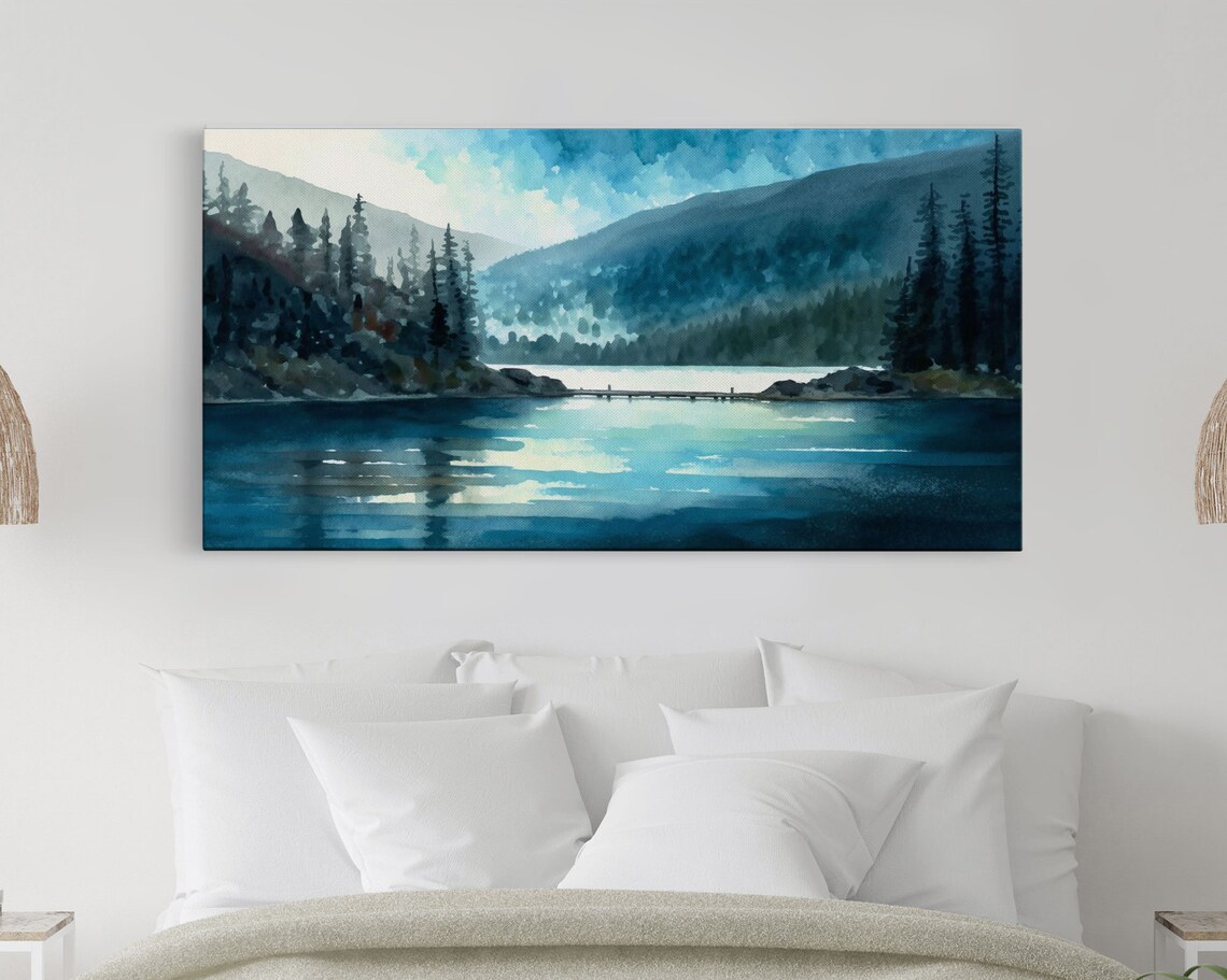 Blue Mountain Lake Pine Forest Watercolor Calm Scenic Landscape Poster - Image 2