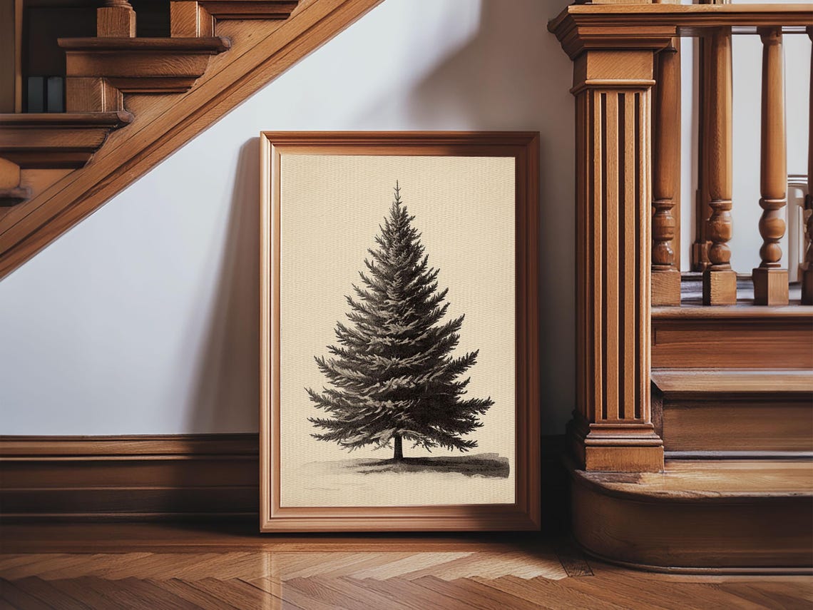 Pine Christmas Tree Pencil Sketch Minimalist Black White Wall Poster - Image 2