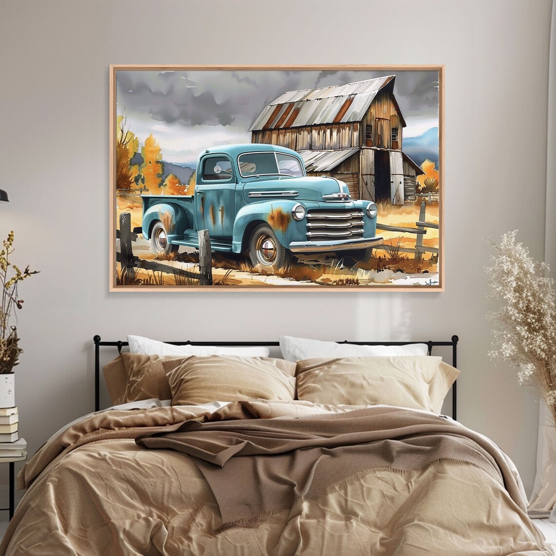 Vintage Turquoise Pickup Truck Old Wooden Barn Autumn Farm Art Poster - Image 4