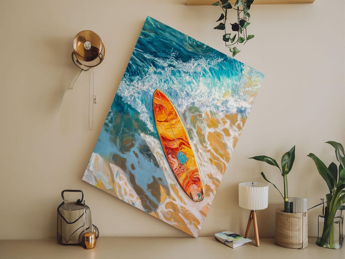 Orange Surfboard Floating Turquoise Ocean Aerial Beach Surf Art Poster - Image 5