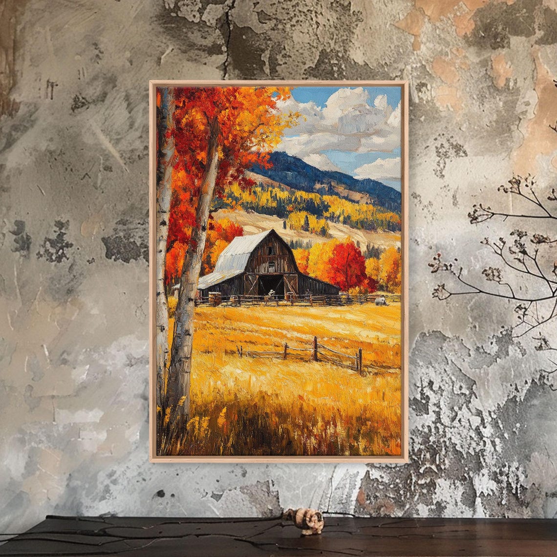 Countryside Barn In Autumn With Birch Trees Mountain Scene Poster - Image 4