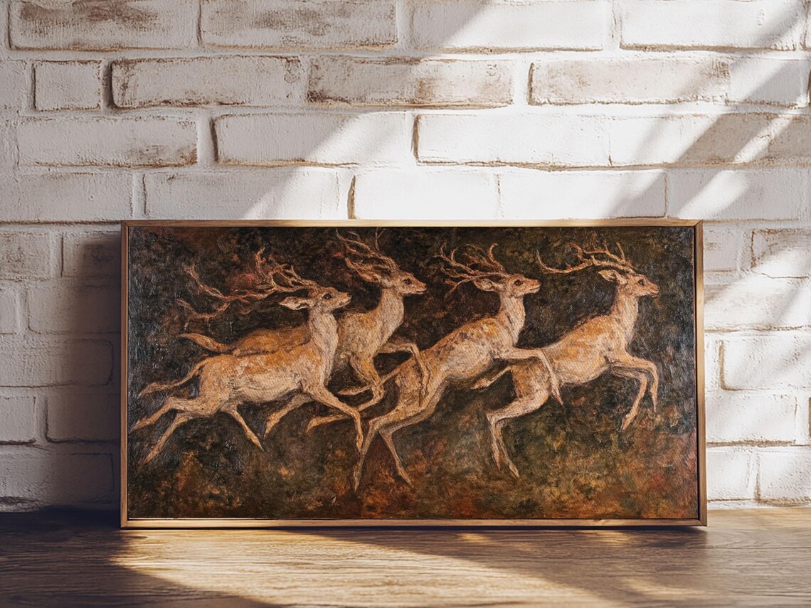 Leaping Stags Forest Herd 19th Century Folk Art Oil Painting Wall Poster