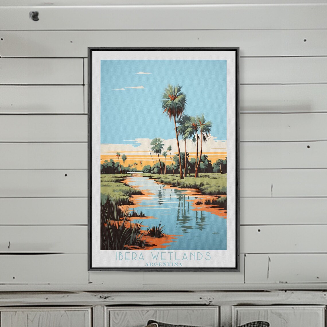 Ibera Wetlands Argentina Marsh Channel Palm Trees Sunset Travel Poster