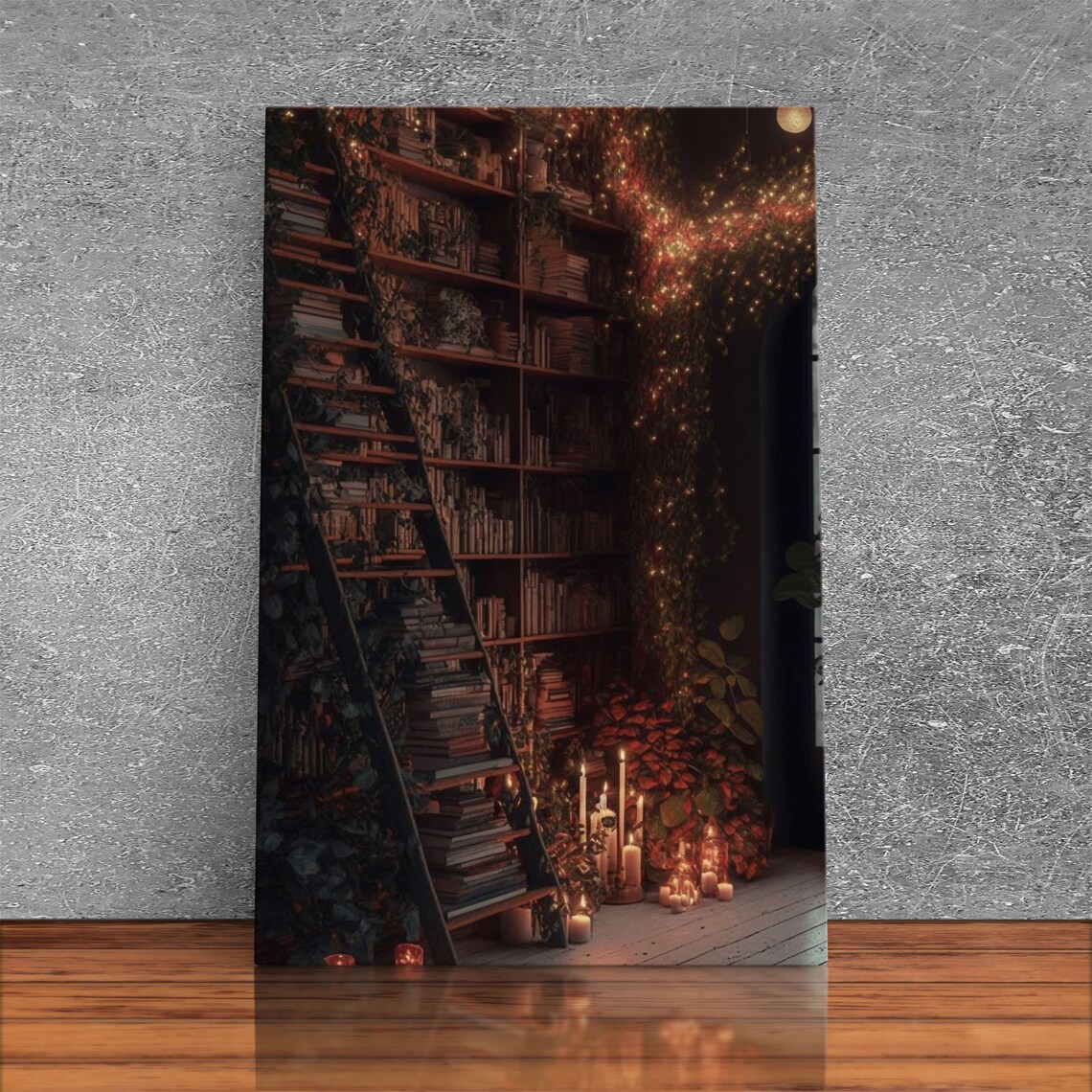 Dark Academia Moody Library Ladder Candlelit Bookshelves Art Poster - Image 2