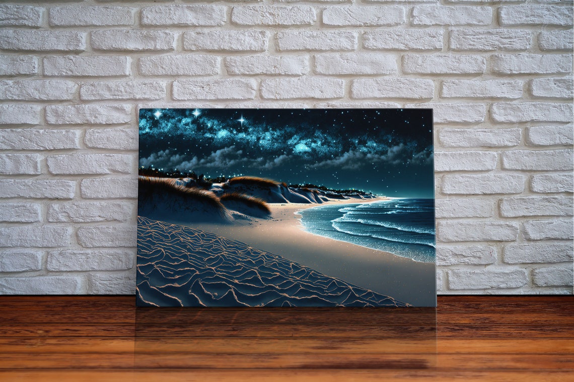 Starry Night Beach Milky Way Sand Dunes Moonlit Ocean Waves Poster