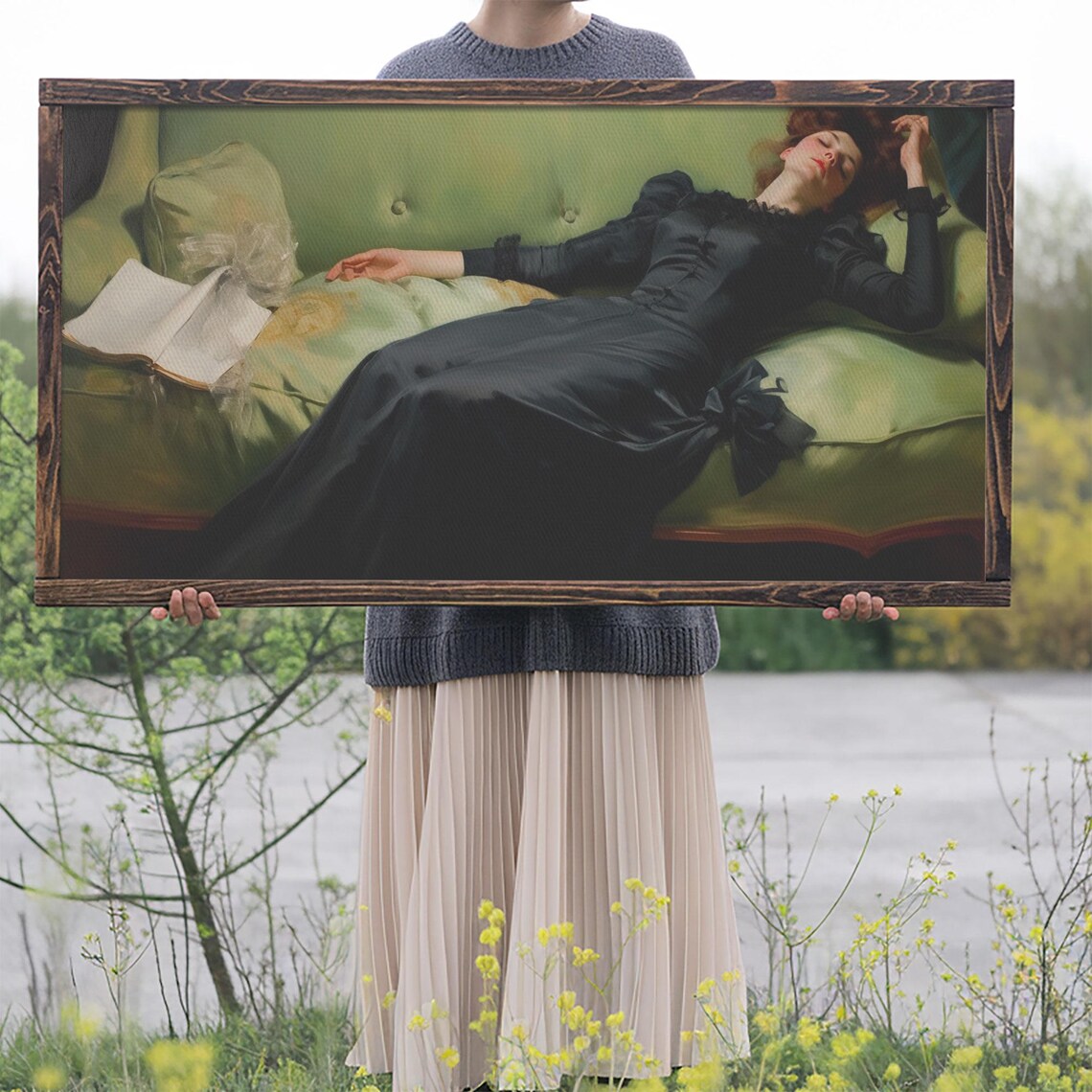 Victorian Woman Reclining On Green Sofa Classic Vintage Painting Wall Poster - Image 2