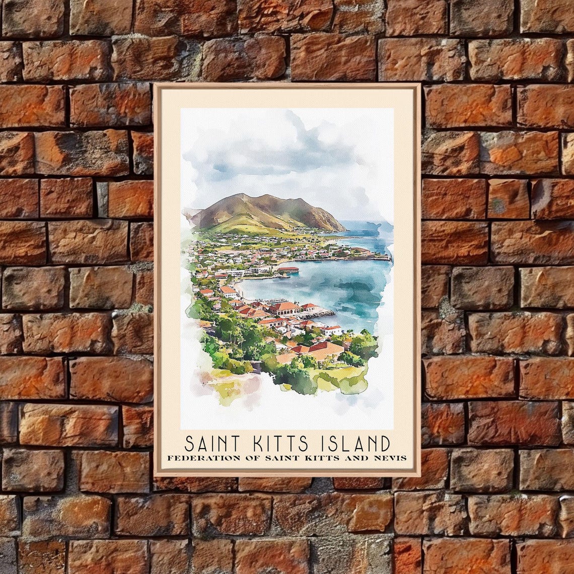 Saint Kitts Island Harbor Town Mountain Bay Watercolor Travel Poster - Image 4