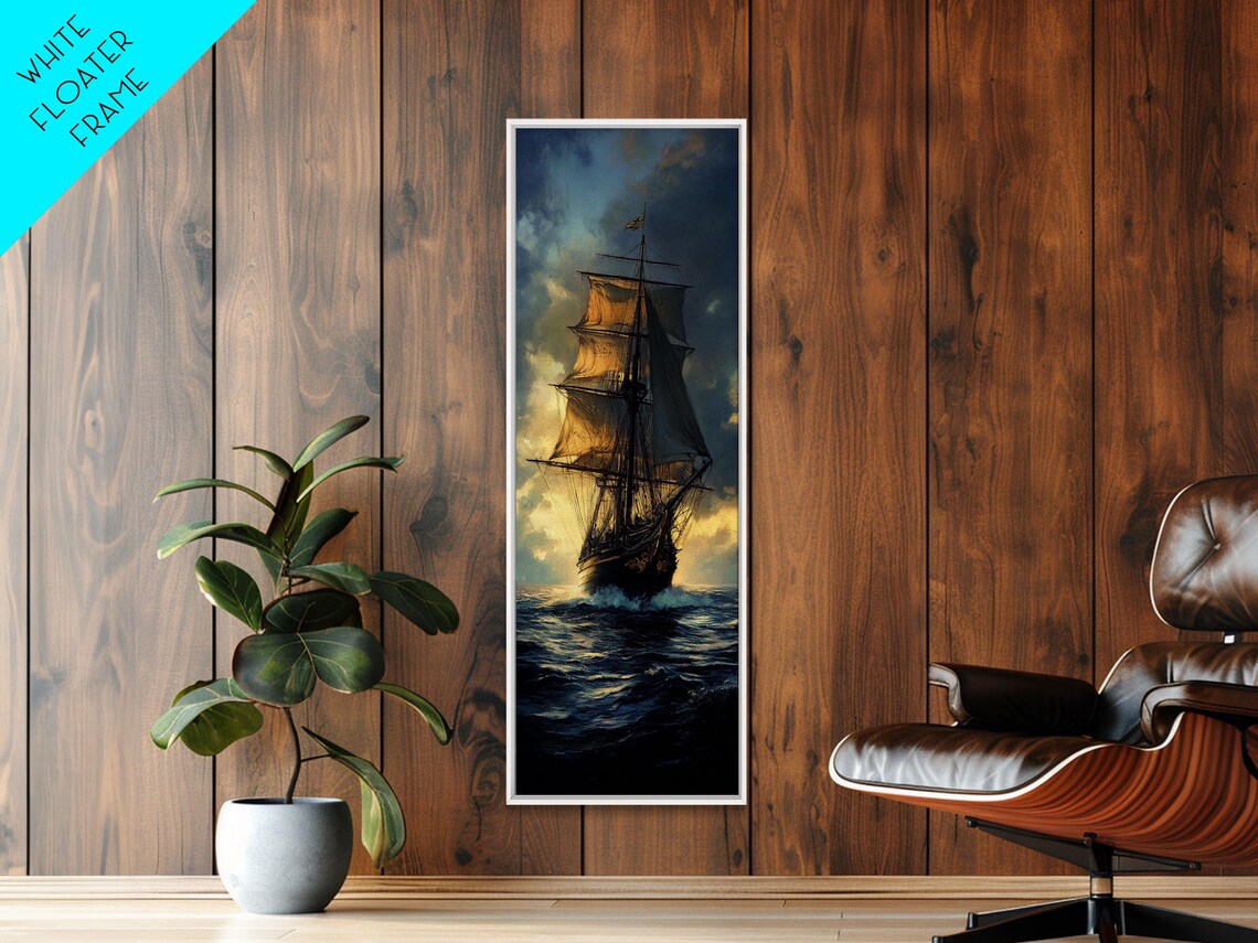 Vintage Tall Ship Sailing Ocean Waves Golden Sunset Nautical Poster - Image 2