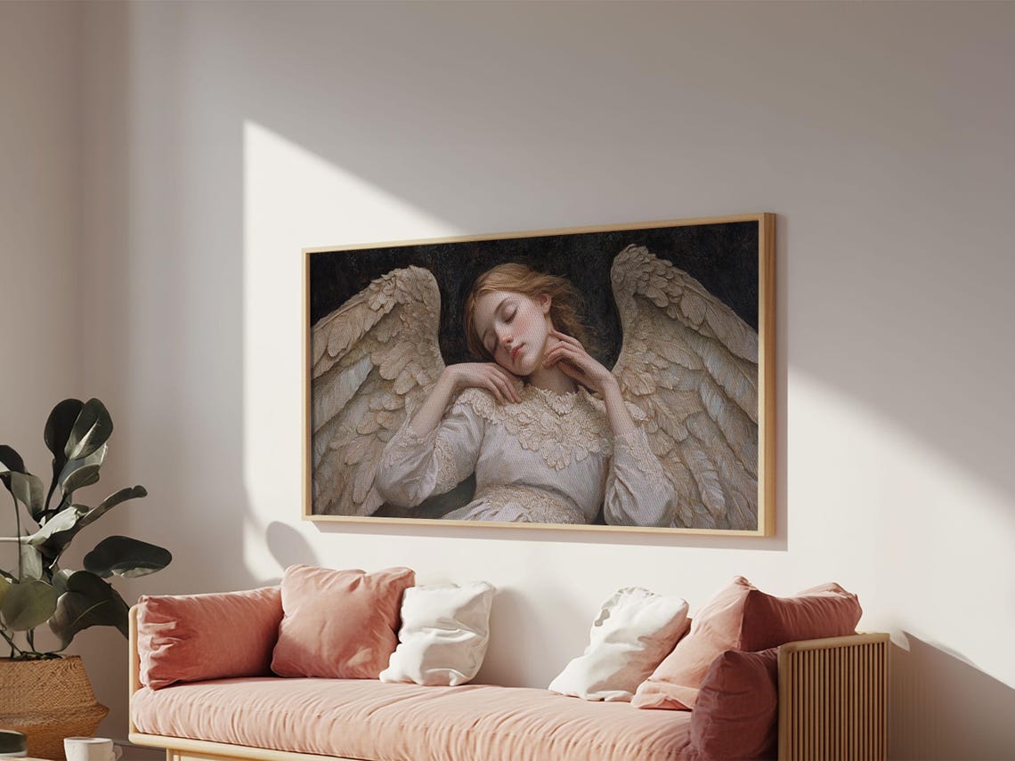 Sleeping Angel Feathered Wings Peaceful Renaissance Style Poster - Image 4