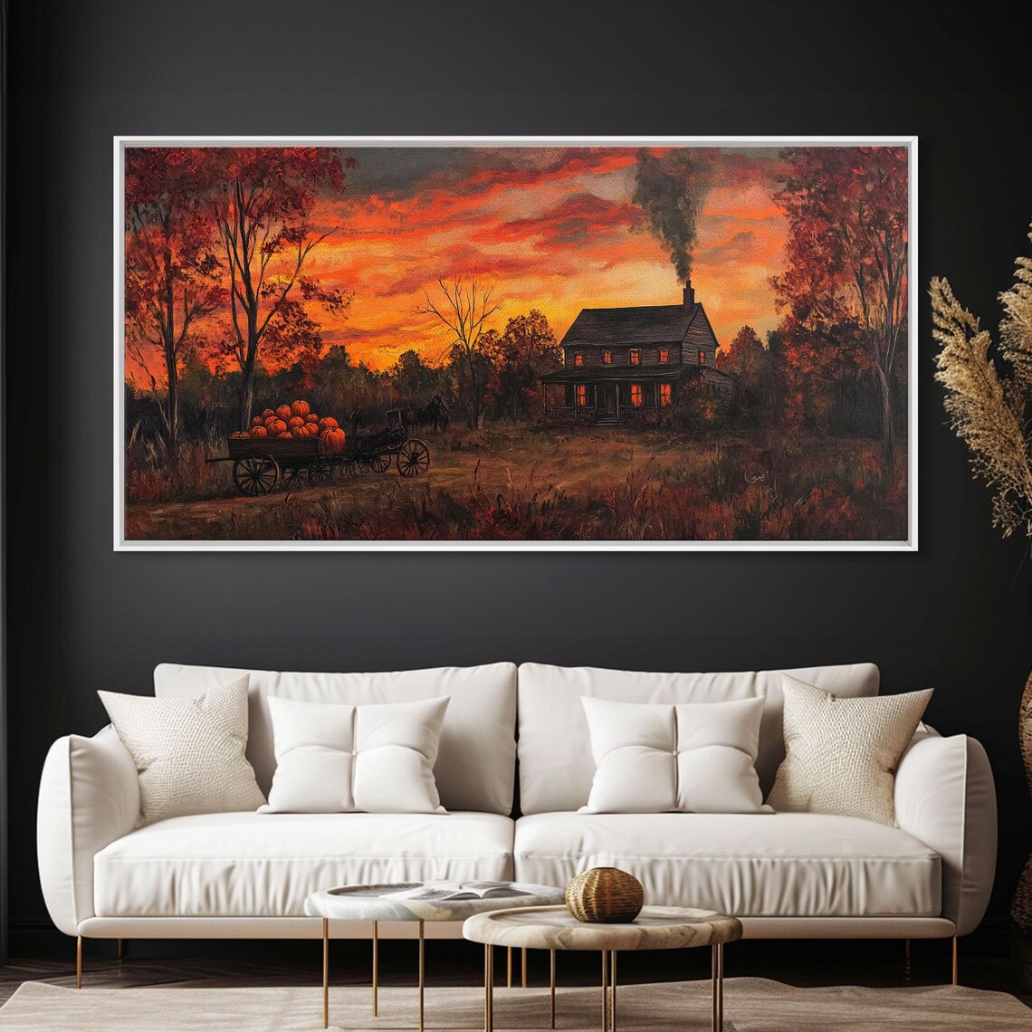 Autumn Sunset Pumpkins Horse Wagon Farmhouse Fiery Sky Rustic Fall Wall Art - Image 5