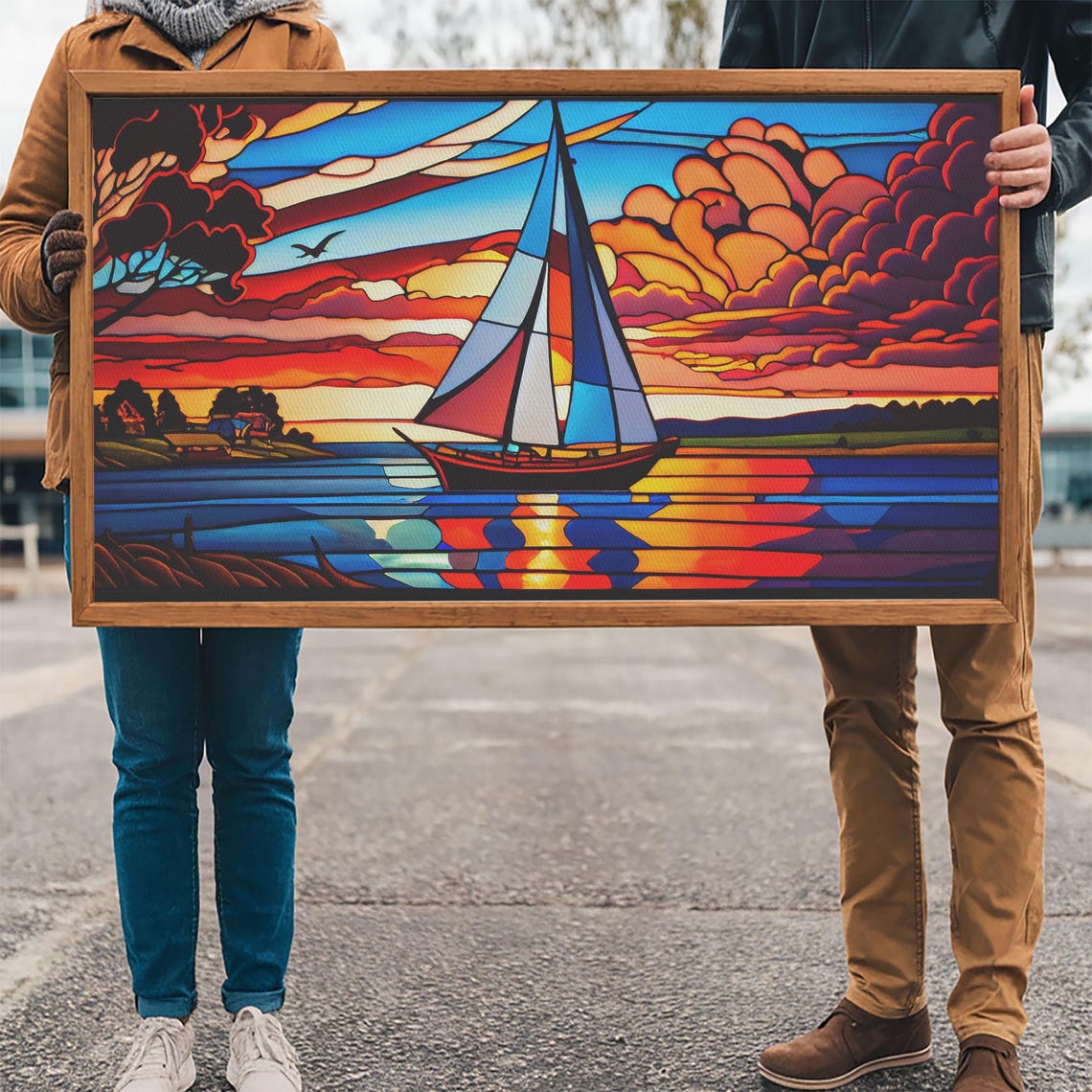 Stained Glass Sailboat Sunset Vibrant Orange Red Blue Nautical Poster - Image 3