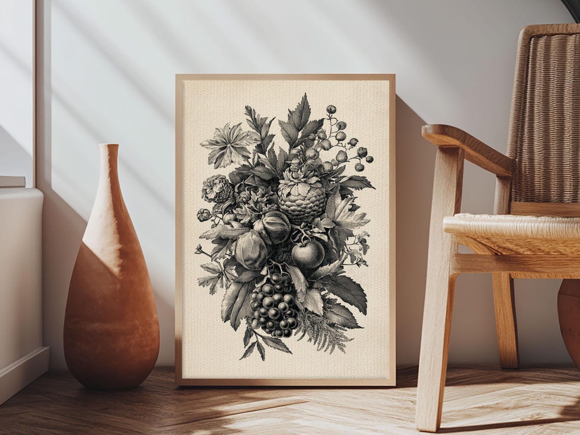 Vintage Fruit and Foliage Bouquet Black Botanical Engraving Art Print - Image 5