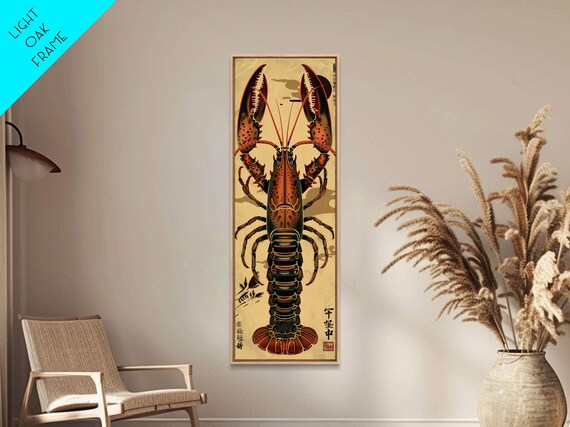 Detailed Lobster Illustration On Beige Background Skinny Art Wood Block Print Japanese Style Art Framed Print Tall Art Ukiyo E Art