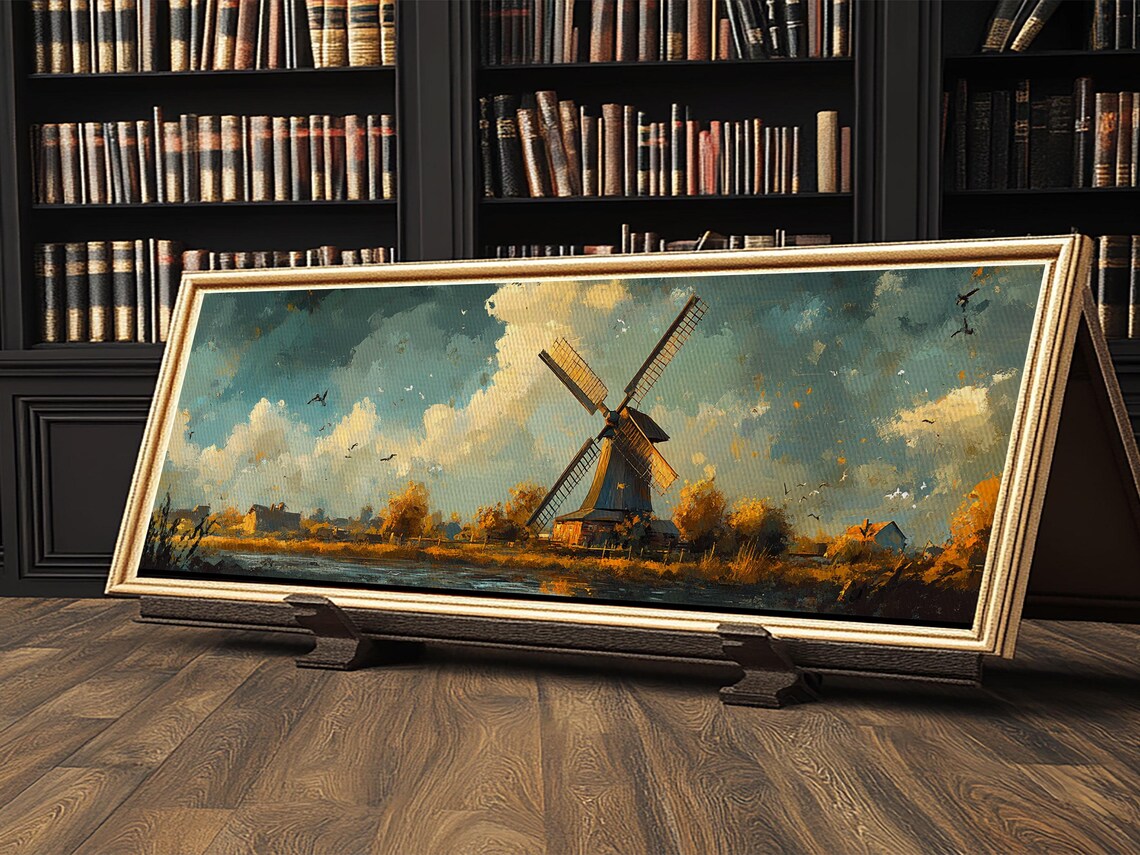 Autumn Windmill Scene Framed Print Rustic Fall Farmhouse Art Moody Living Room Wall Art Horizontal Panoramic Decor Gift Idea - Image 2
