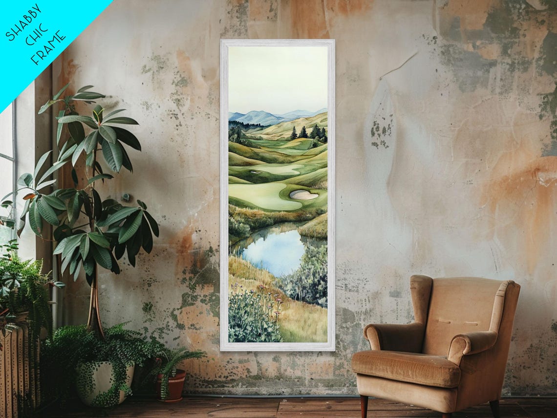 Watercolor Golf Course Rolling Fairways Pond Mountain View Wall Poster - Image 6