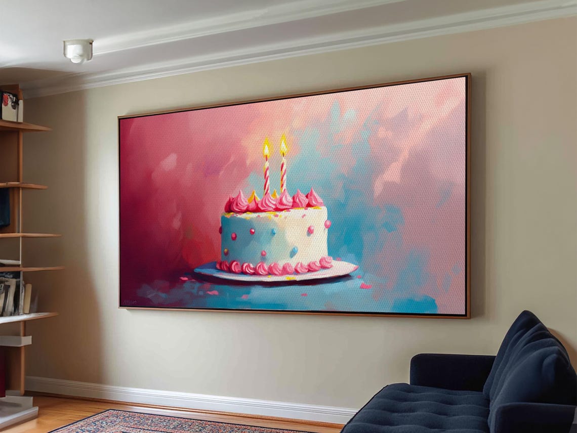 Pink Birthday Cake With Lit Candles Painting Preppy Kitchen Poster - Image 3