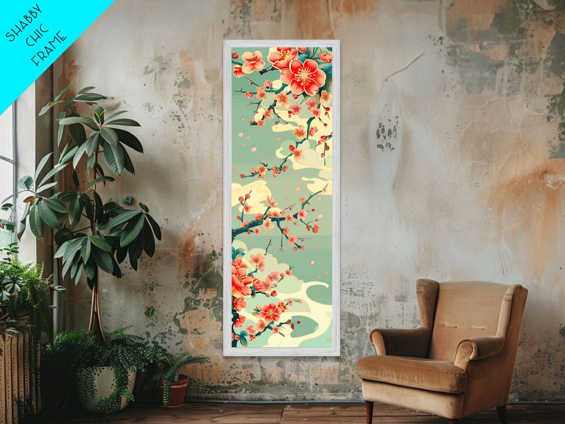 Red Plum Blossoms Turquoise Sky Japanese Ukiyo-E Vertical Print - Image 5